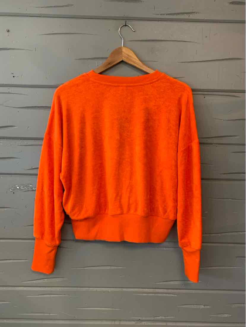 Bright orange long-sleeve Old Navy crewneck top with a cropped hem and ribbed cuffs.