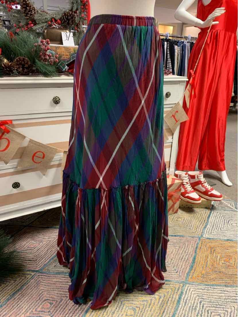 Maxi skirt in burgundy, green, and navy plaid with ruffled hem, size XS.