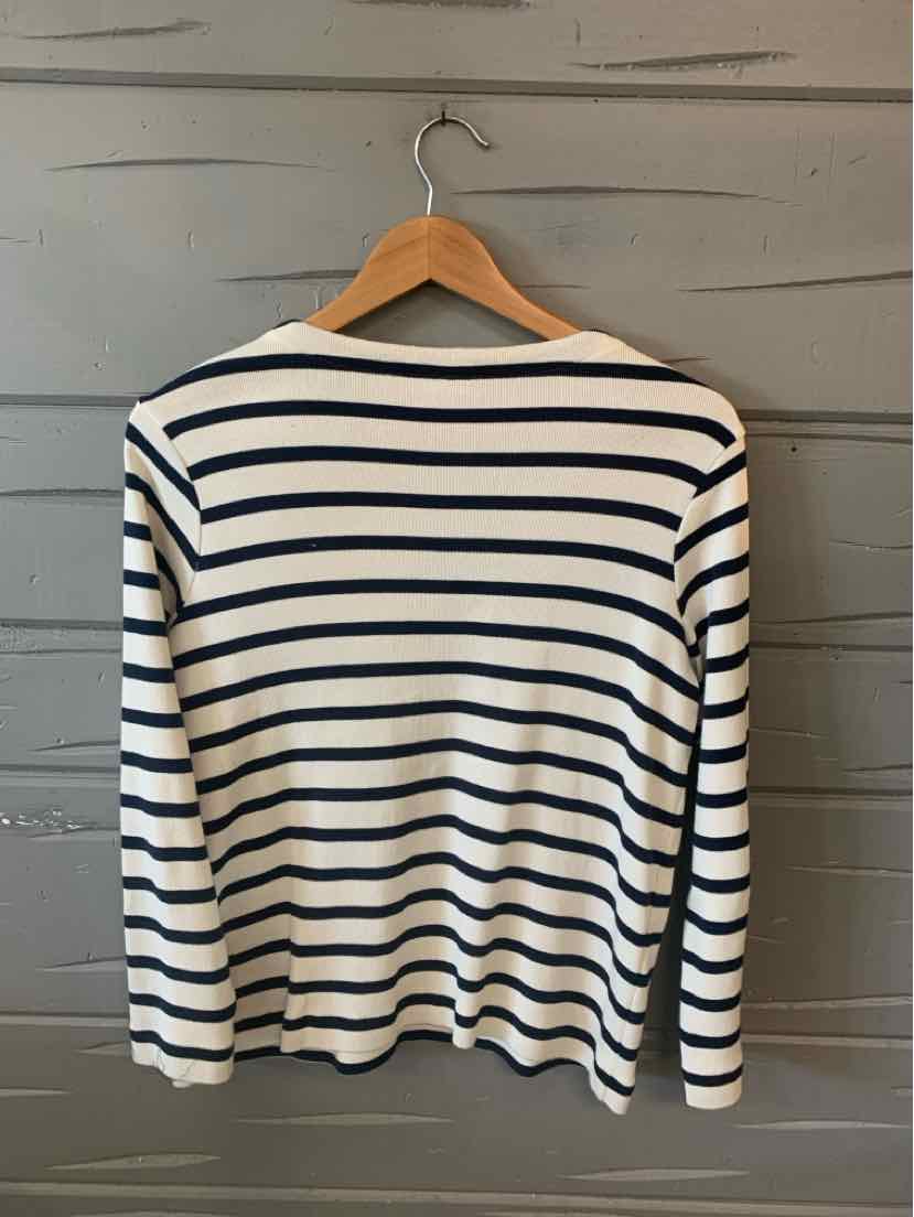 White long-sleeve shirt with navy blue horizontal stripes, boat neckline, size small.
