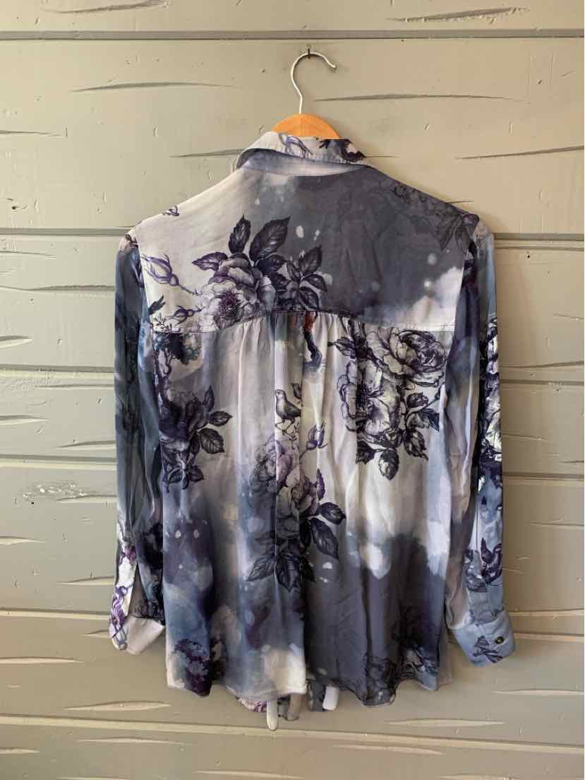 Long-sleeve button-up shirt in gray and white tie-dye with dark purple floral print, lightweight fabric.