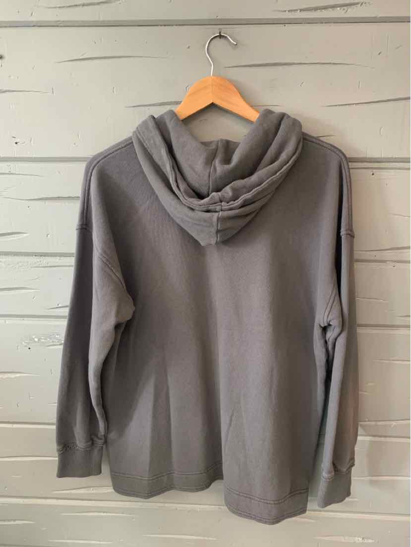 Gray long-sleeve hoodie with a relaxed fit and kangaroo pocket, size XS.