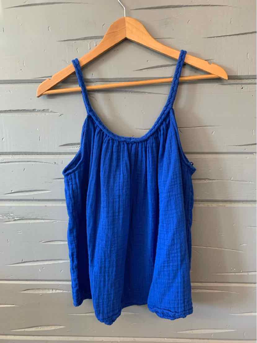 Blue sleeveless Old Navy tank top with thin straps and gathered neckline, size large.