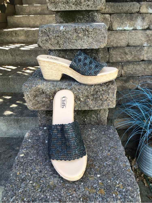 Black woven slide sandals with chunky wooden heels, size 9, by Cliffs by White Mountain.
