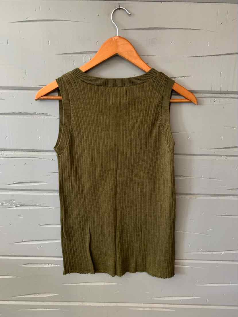 Olive green ribbed sleeveless knit top with a round neckline on wooden hanger.