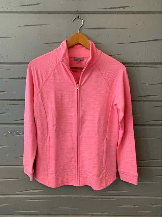 Pink long-sleeve zip-up jacket with stand collar and textured knit, size XS.