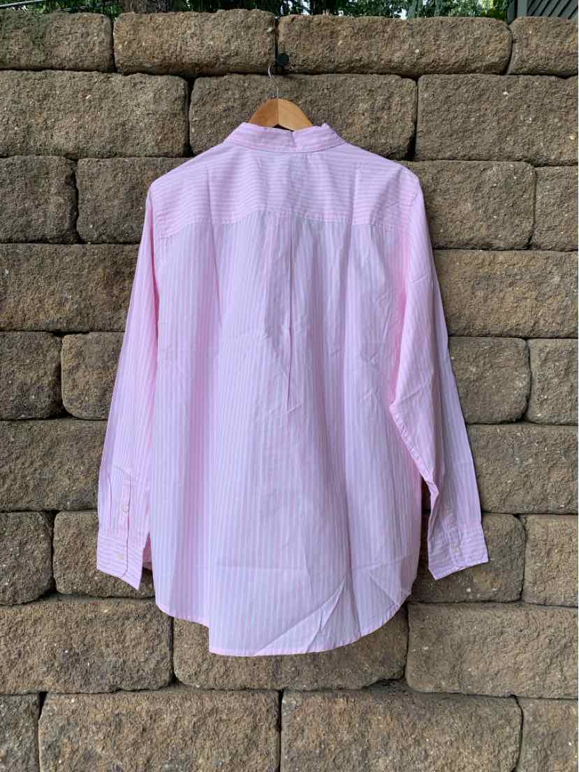 Long-sleeve button-up shirt in light pink with thin white vertical stripes, XXL size, relaxed fit.