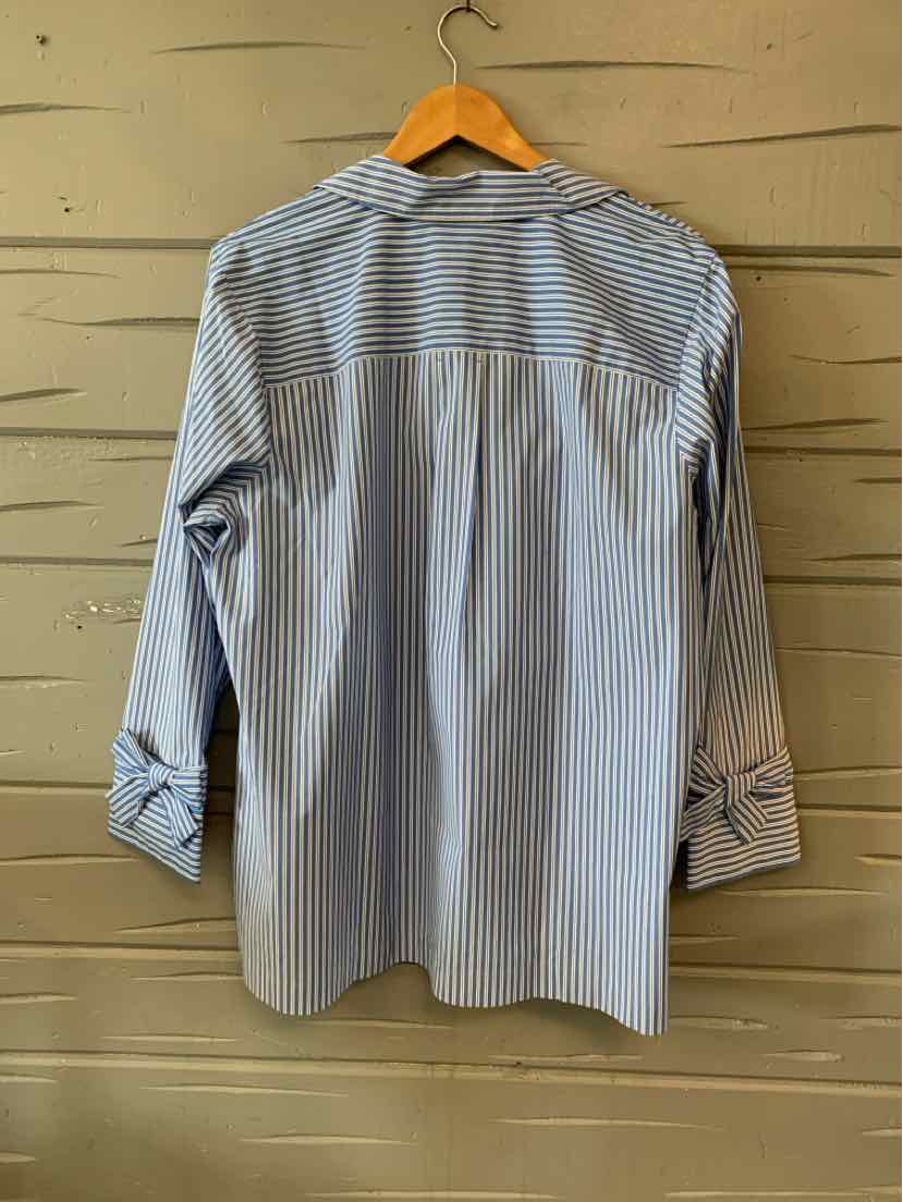 Blue and white striped button-up blouse with long sleeves, size 2XP, hanging on wooden hanger.