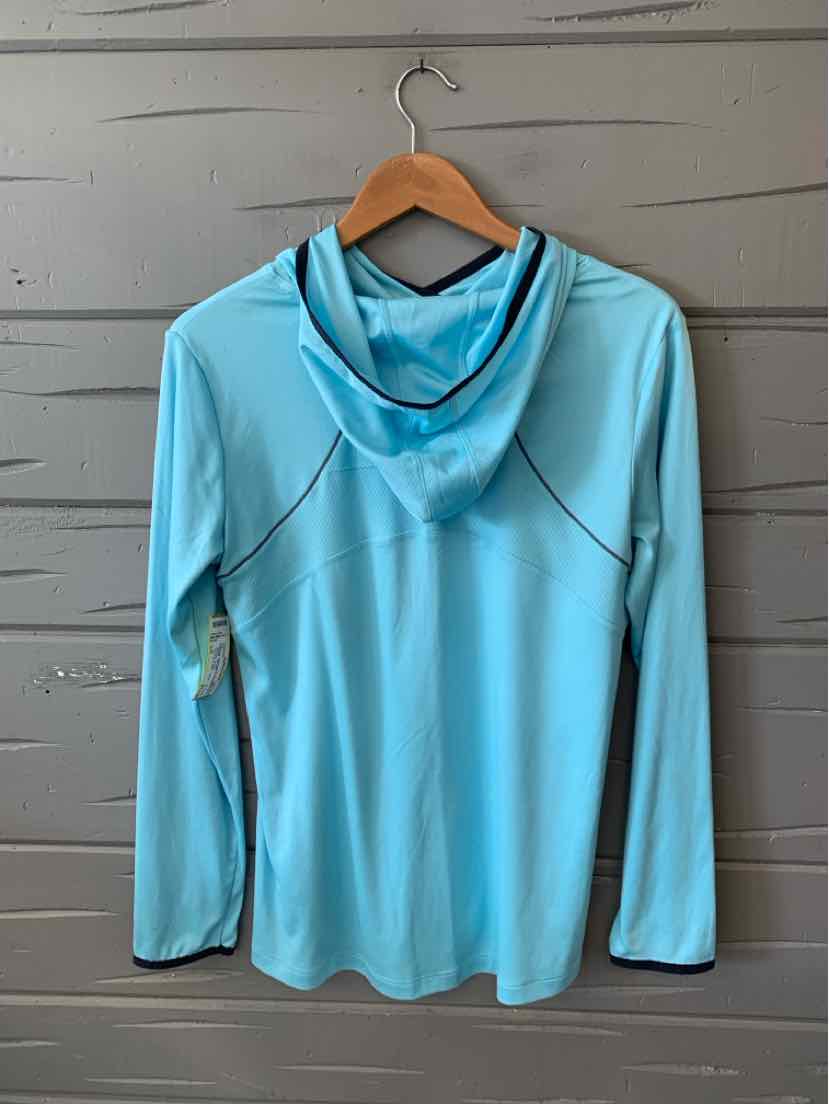 Light blue long-sleeve hoodie with black trim on the hood, made from smooth performance fabric.