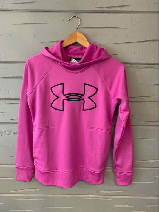 Pink Under Armour hoodie with large black logo, long sleeves, and front kangaroo pocket, size XS.