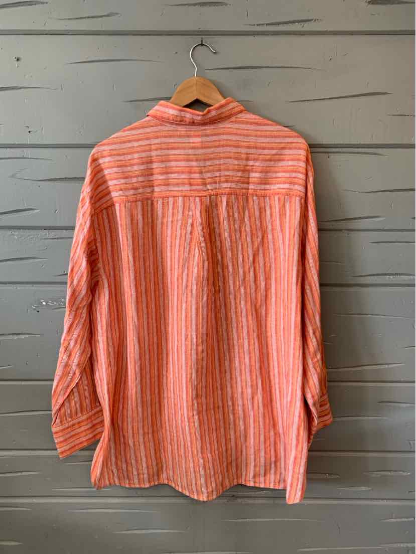 Women’s long-sleeve button-up shirt in orange with white vertical stripes, size XL, lightweight fabric.