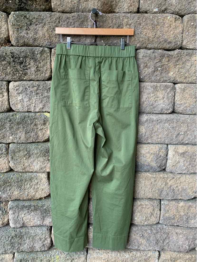 Olive green straight-leg pants with elastic waistband and back patch pockets.
