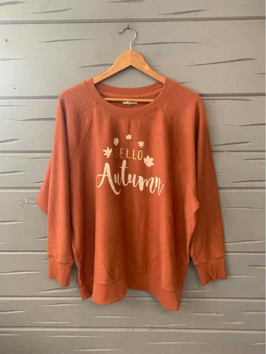 Rust-colored long sleeve sweatshirt with "Hello Autumn" text and fall leaf designs in white.
