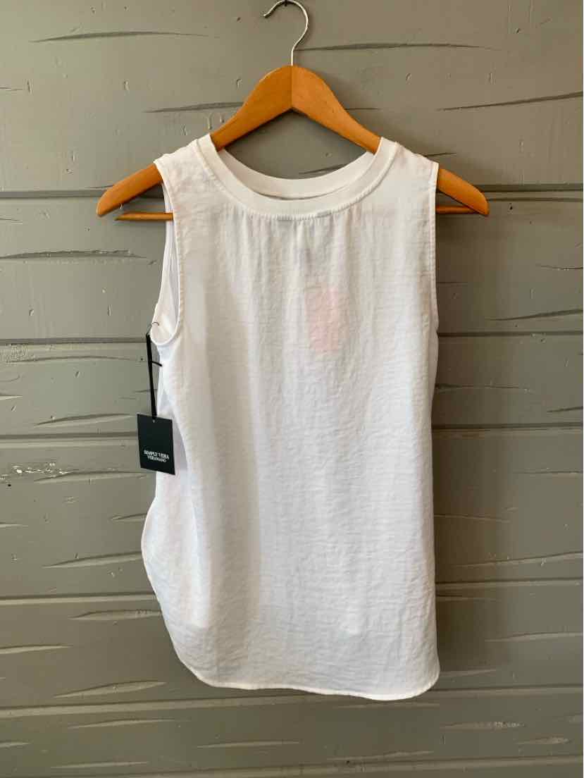 White sleeveless crew neck tank top with ribbed texture and small chest pocket in size XS.