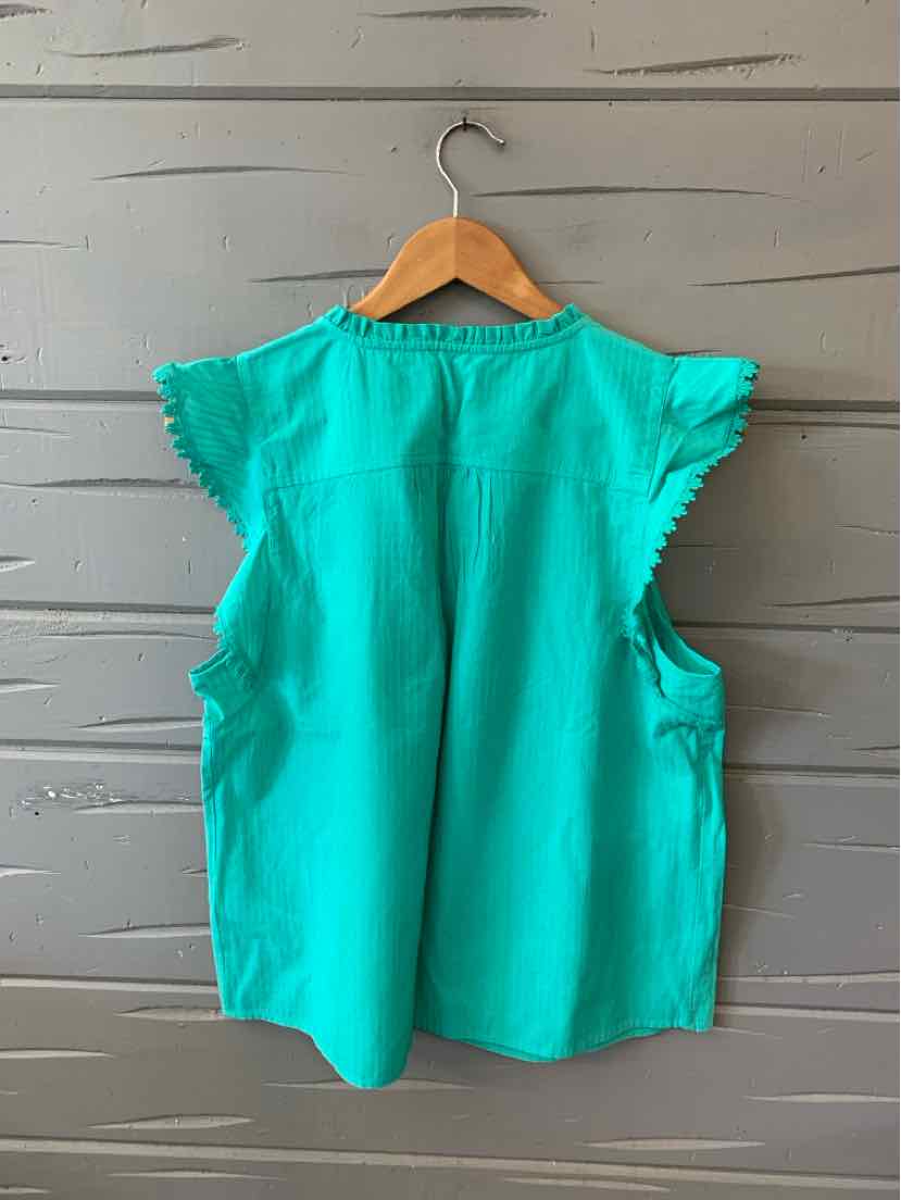 Teal sleeveless blouse with ruffled cap sleeves and a round neckline on wooden hanger.