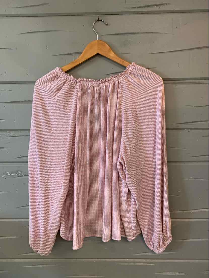 Light pink long-sleeve blouse with subtle stripes, elastic neckline and cuffs, loose fit, size XL.