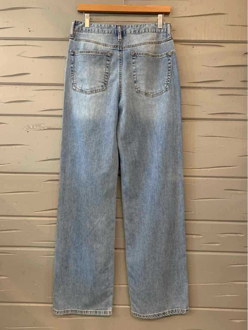 Light-wash blue denim jeans with a straight leg, belt loops, and two back pockets, hanging flat.
