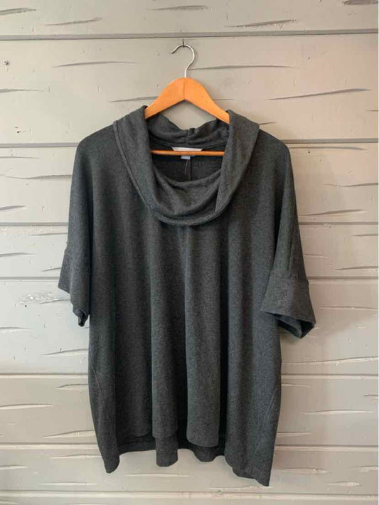 Gray women's casual top with cowl neck and short sleeves on wooden hanger.