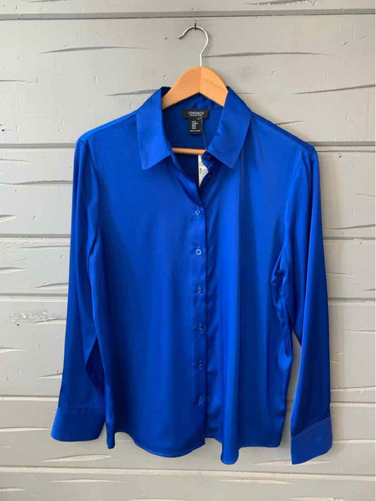 Bright blue long-sleeve button-up shirt with pointed collar in smooth fabric.