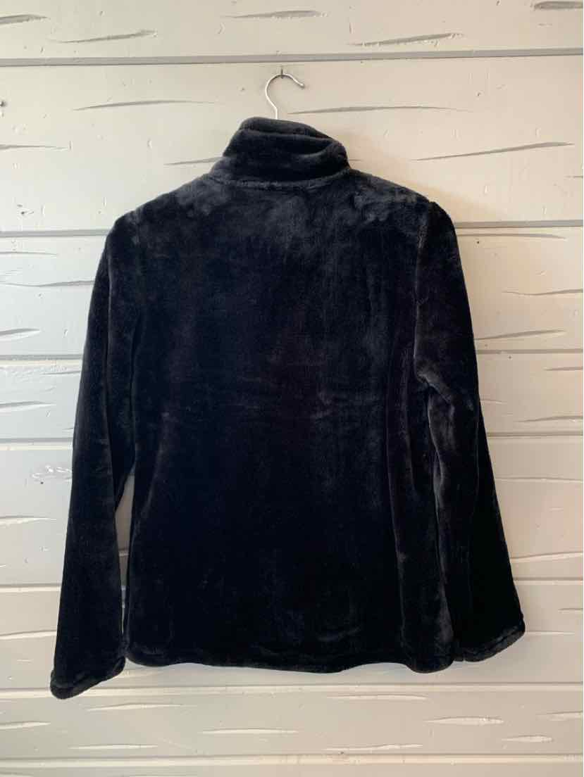 Black plush long-sleeve top with a soft velvety finish and a high folded collar.