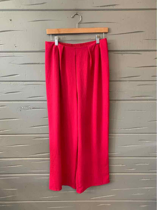 Bright pink wide-leg pants with pleats and a waistband, hanging on a wooden hanger against a textured gray wall.