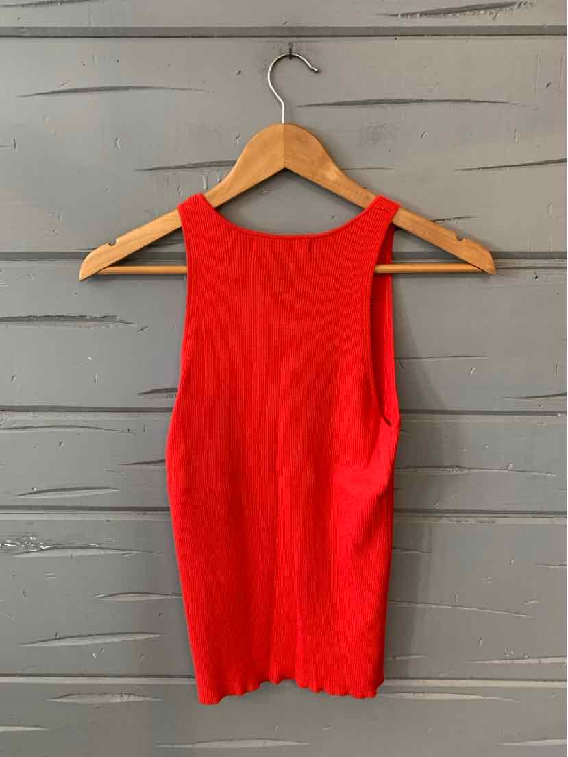 Bright red sleeveless ribbed knit tank top with a high neckline, size small.