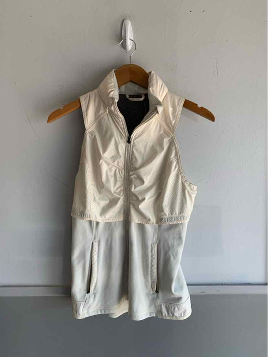 White sleeveless Lululemon jacket with front zipper and standing collar, size 6.