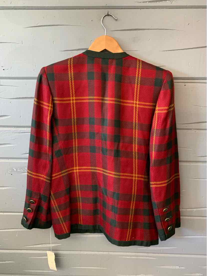 Red and green plaid blazer with a notched collar, long sleeves, and dark buttons, shown from the back.