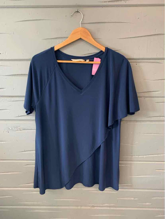 Navy blue short-sleeve blouse with V-neck and asymmetrical draped hem on wooden hanger.