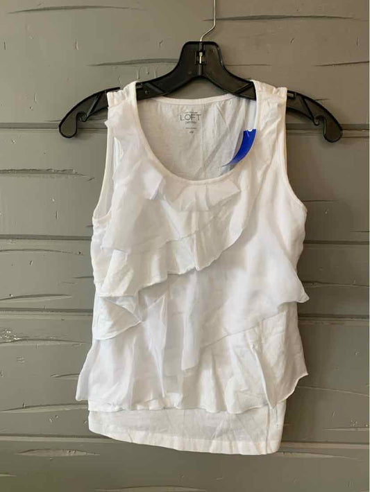 White sleeveless tank top with layered ruffle details on front, size XSP.