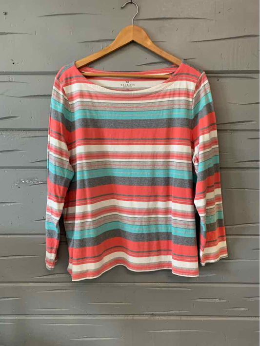Long-sleeve crew neck shirt with horizontal coral, teal, gray, and white stripes on wooden hanger.