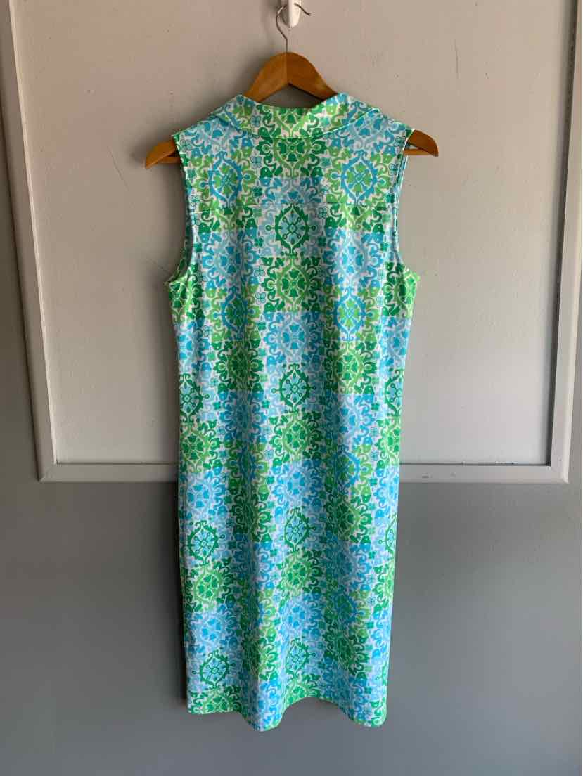 Sleeveless knee-length dress with blue and green floral pattern and round neckline.