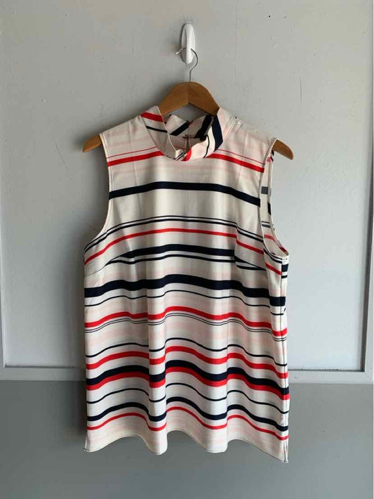 Sleeveless Ann Taylor top in white with horizontal stripes in black, red, and beige, size XL.