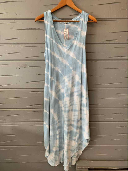 Light blue and white tie-dyed sleeveless midi dress with a scoop neckline and relaxed fit.