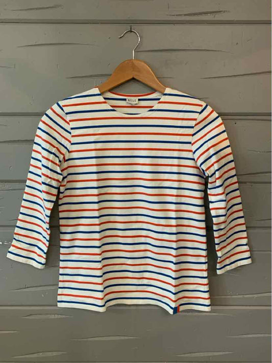 White cotton long-sleeve shirt with horizontal navy, orange, and light blue stripes and a crew neckline.