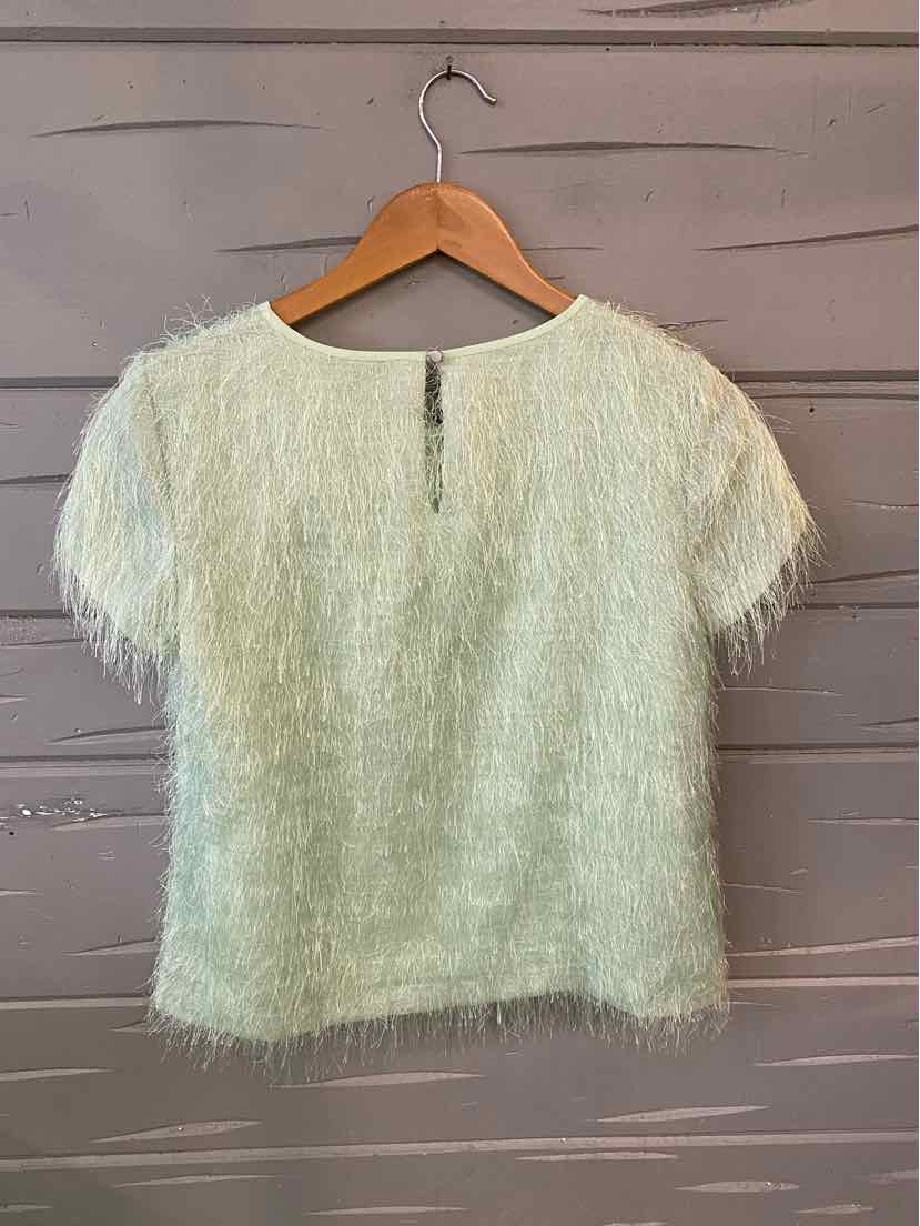 Light green fuzzy short-sleeve sweater with round neckline and back keyhole button closure.