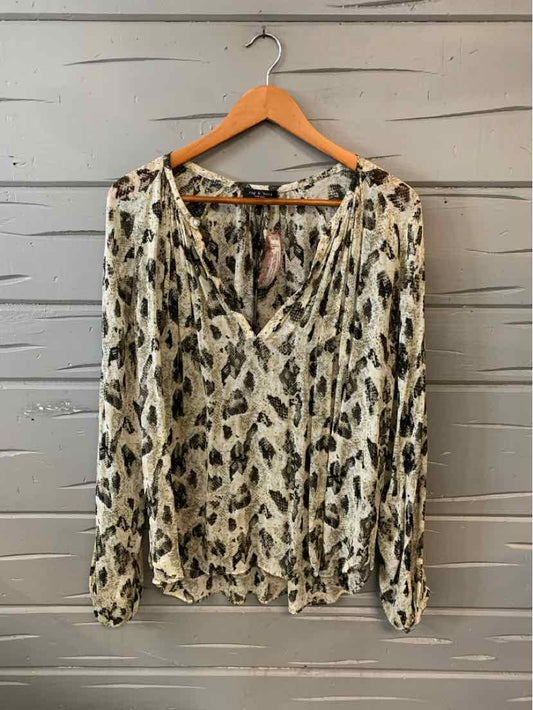 Sheer long-sleeve blouse with beige and black snake print, keyhole neckline, and loose fit.