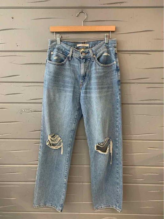 Light blue distressed Levi's denim jeans with ripped knees, straight-leg fit, and classic five-pocket design.