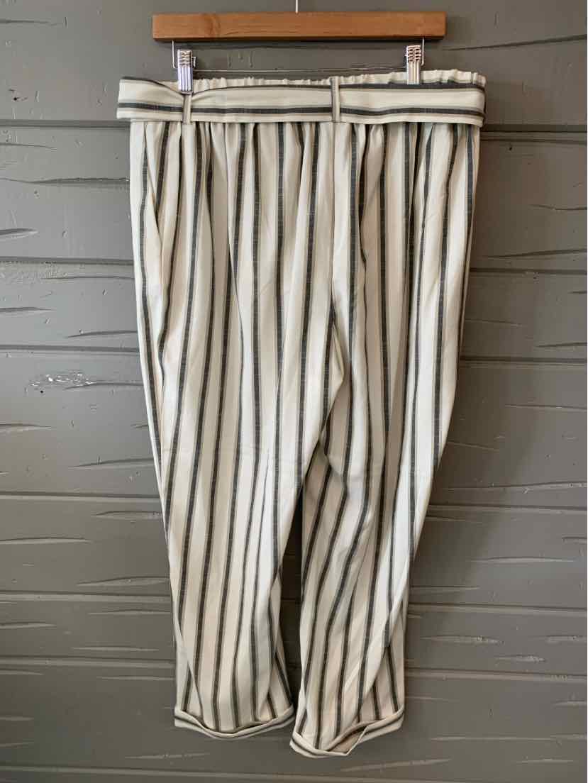 White wide-leg pants with vertical black stripes and a fitted waistband, size 14.