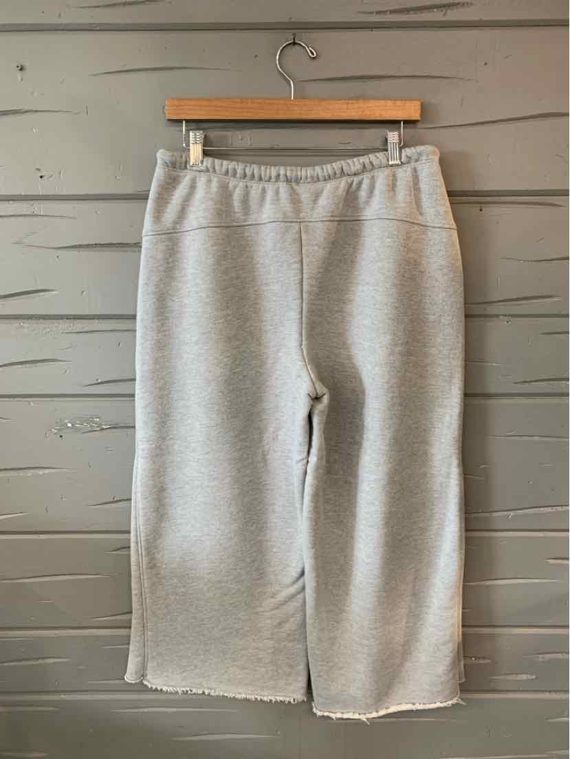 Light gray cropped sweatpants with elastic waistband and raw hem edges in medium size.