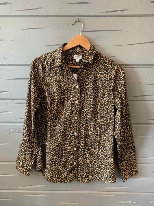 Long-sleeve button-up shirt with brown and black cheetah print on lightweight fabric.