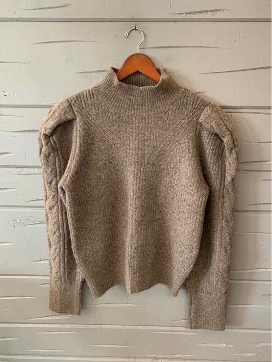 Brown heathered knit sweater with a high neckline, long sleeves, and textured braided shoulder details.