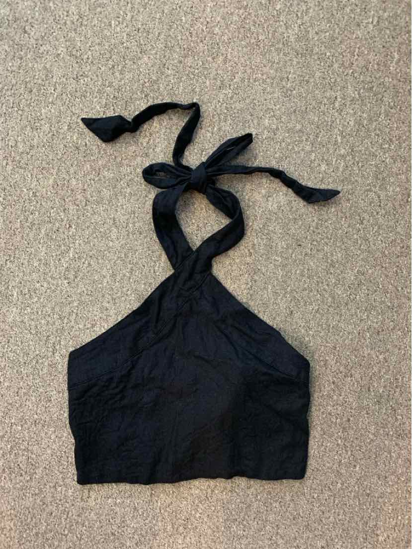Black halter crop top with tie straps, made from lightweight fabric, size small.