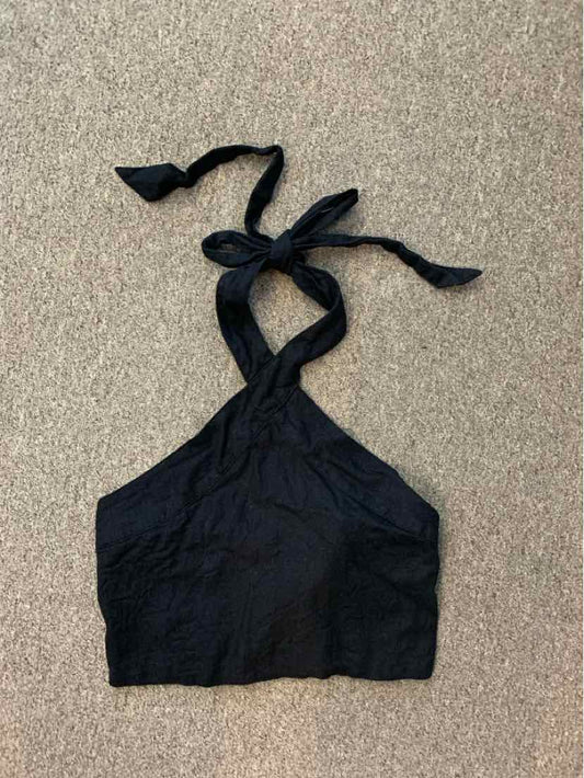 Black halter crop top with tie straps, made from lightweight fabric, size small.
