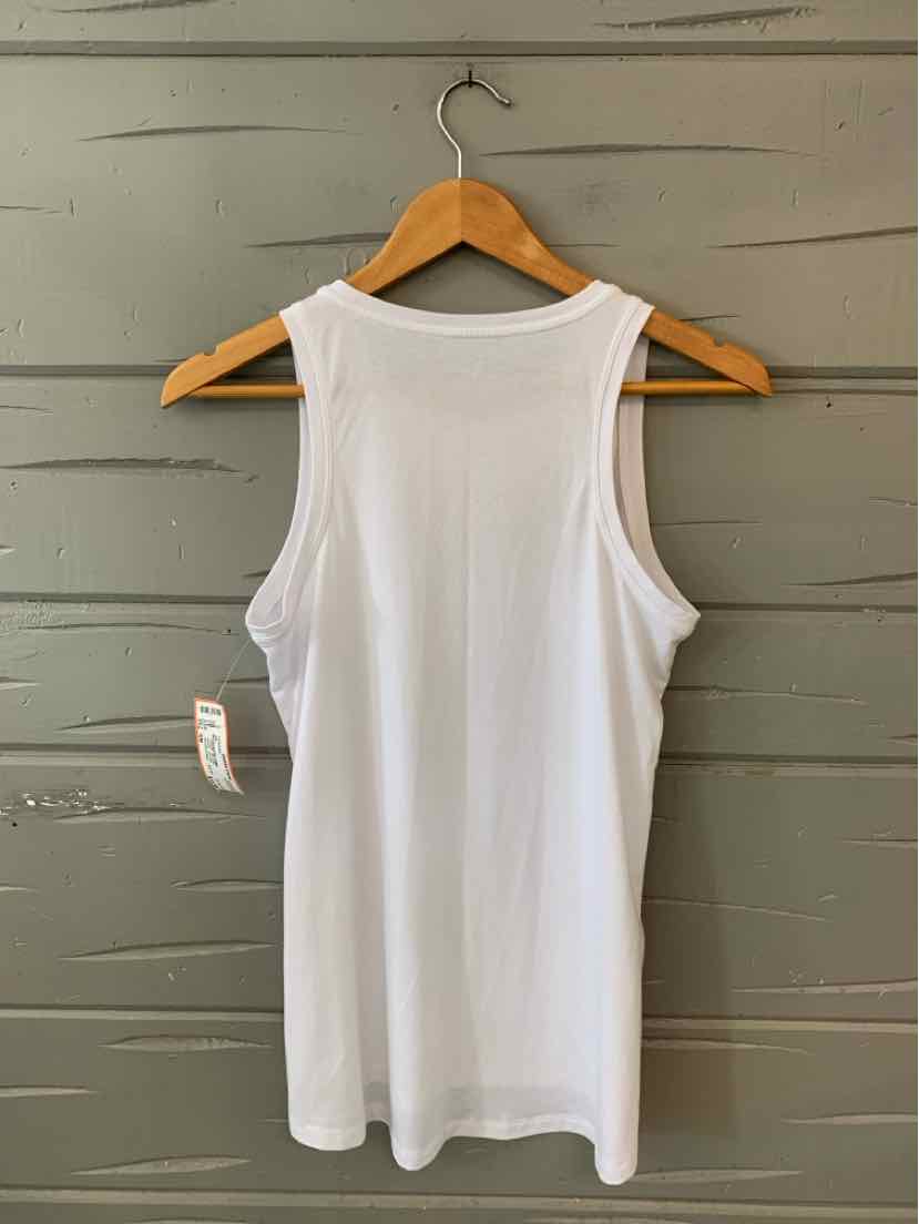 White sleeveless athletic tank top with racerback design hanging on wooden hanger.