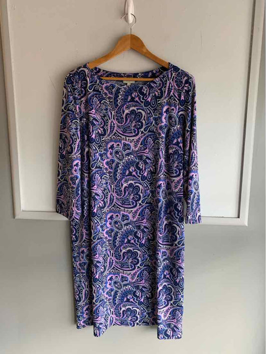 Blue and purple paisley print long-sleeve dress with scoop neckline, size XL.