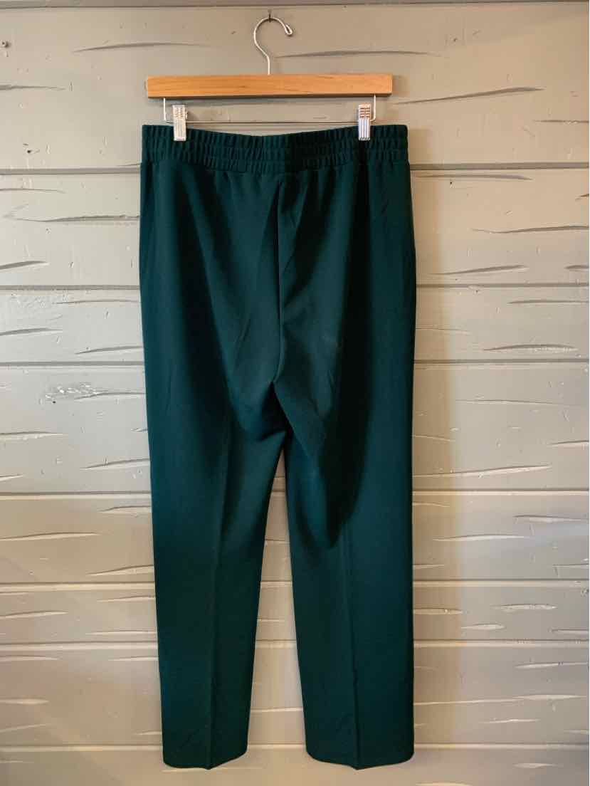 Teal solid high-waist tapered pants with elastic waistband in large size hanging on wooden hanger.