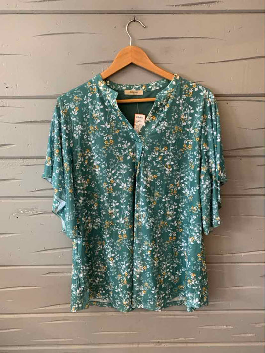 Teal floral short-sleeve blouse with a V-neck and loose fit, size XL.
