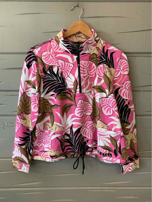 Pink and beige botanical print lightweight jacket with black zipper and drawstring hem.