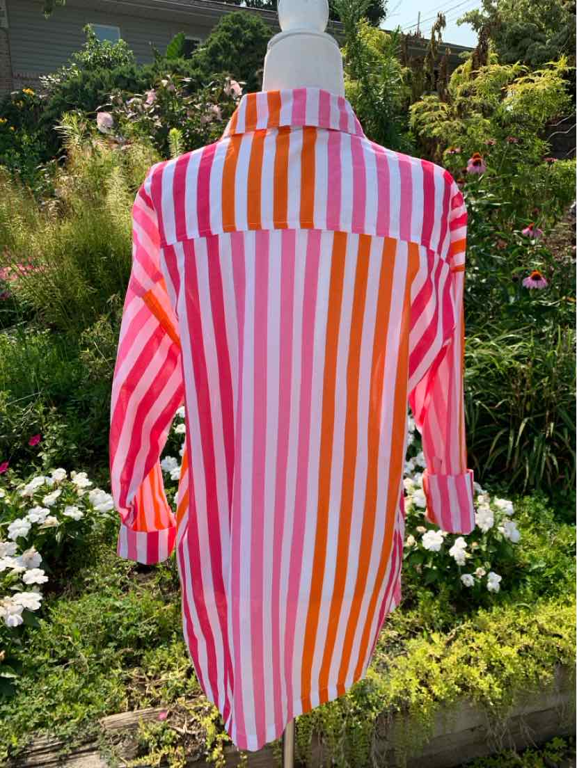 Long-sleeve button-up shirt in red, pink, orange, and white vertical stripes with a collar and lightweight fabric.