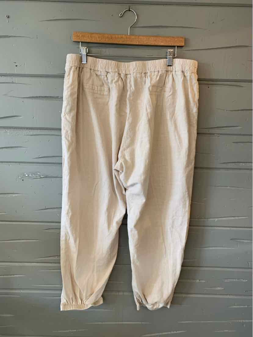Beige casual pants in size 2XL with elasticated cuffs and belt loops hanging on wooden hanger.